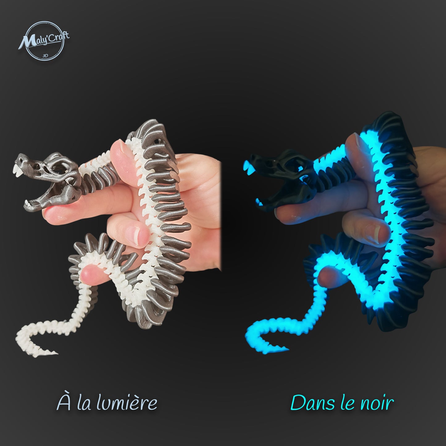 Serpent articulé phosphorescent – Figurine 3D articulée bleu & noir lumineux