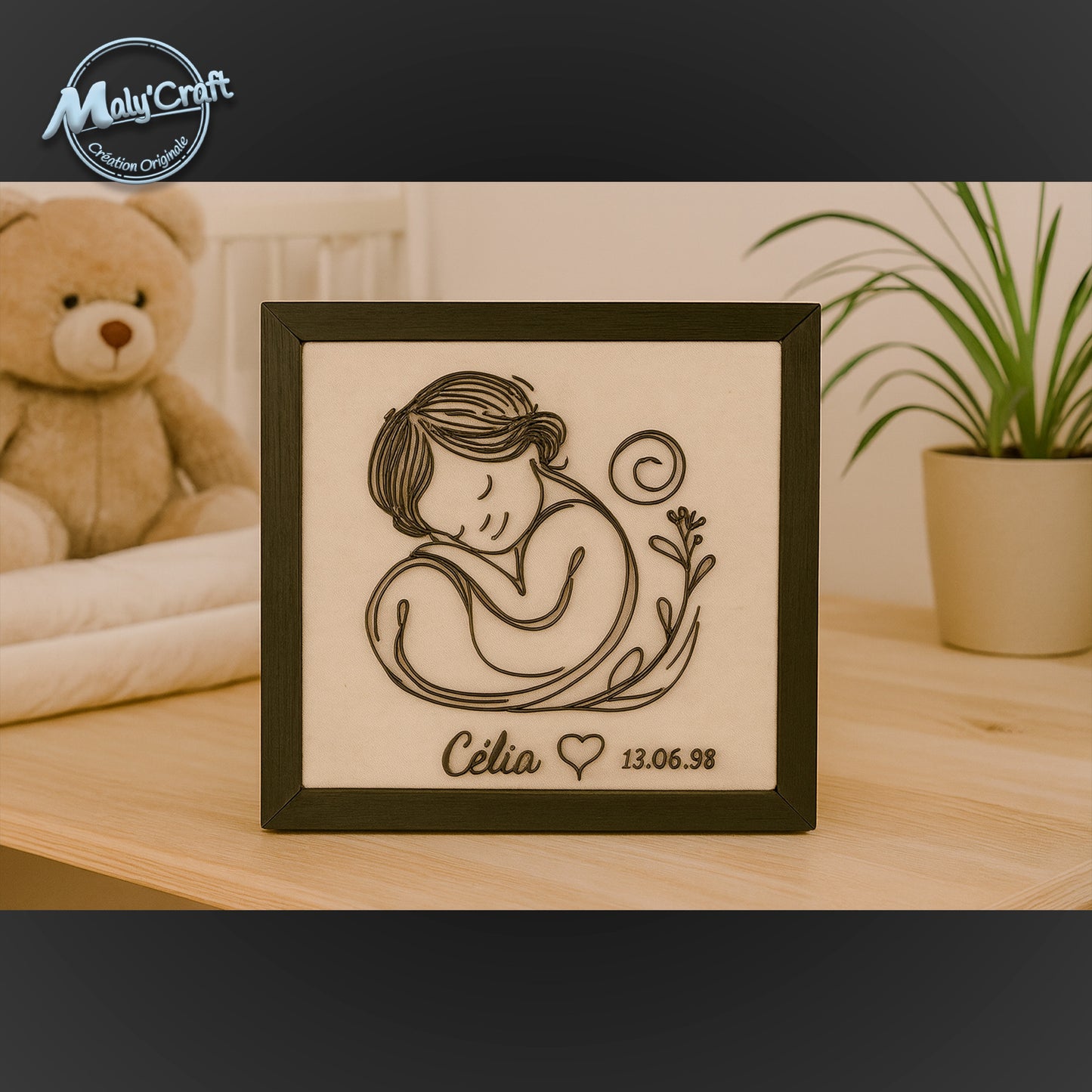 Cadre naissance personnalisé bébé fille – Décoration murale filaire 3D Maly’Craft (prénom & date)