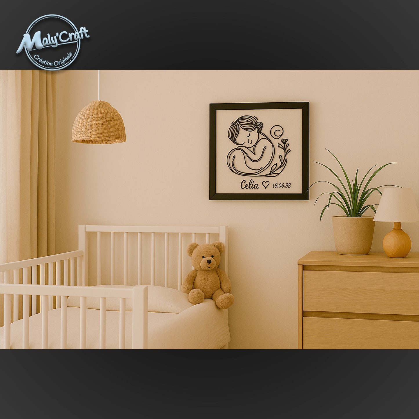 Cadre naissance personnalisé bébé fille – Décoration murale filaire 3D Maly’Craft (prénom & date)