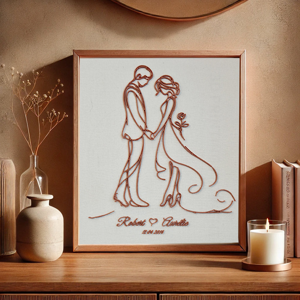 Cadre mariage personnalisé modèle Rose en impression 3D filaire sur tissu, création originale Maly’Craft, décor élégant.