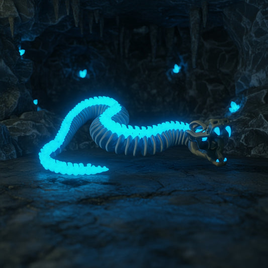 Dragon lumineux bleu dans une grotte sombre – figurine 3D articulée.