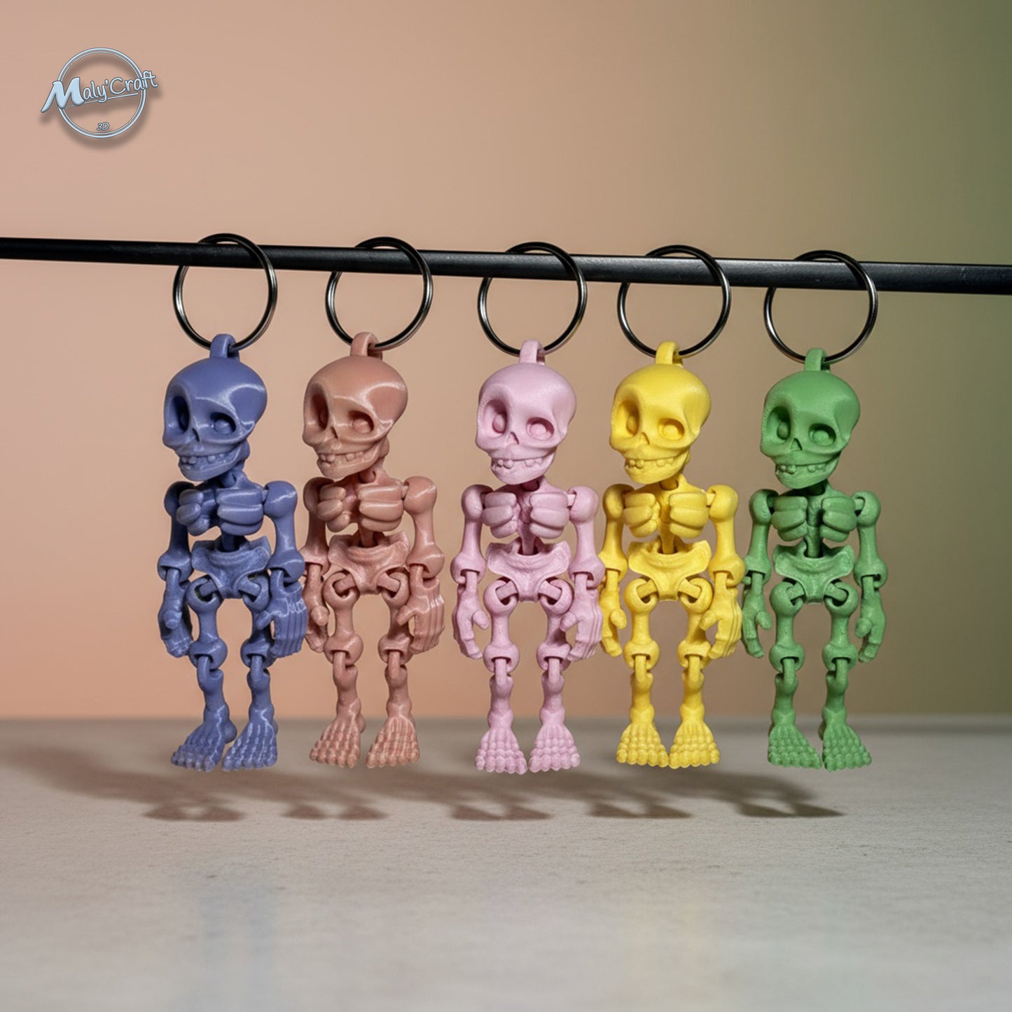 Ensemble de porte-clés squelettes articulés multicolores, création originale