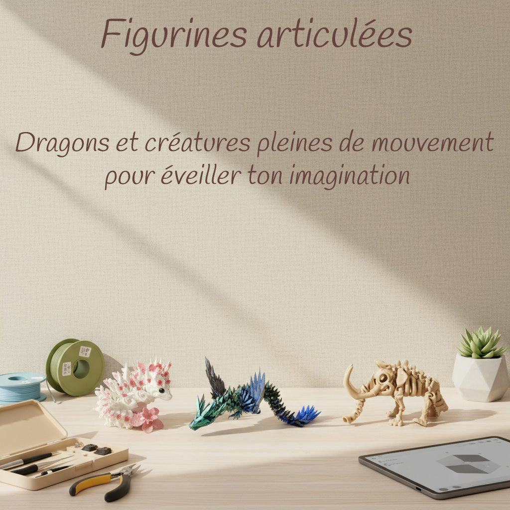 Figurines décoratives imprimées en 3D : gnomes, dragon, baleine et personnages fantasy en PLA biosourcé sur fond beige, style artisanal et pastel.