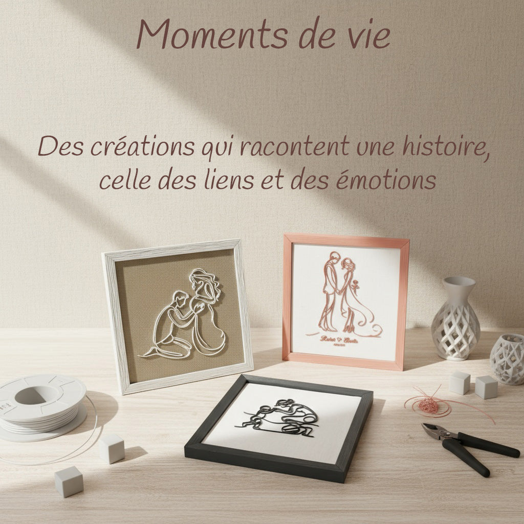 Cadre en impression 3D représentant un couple attendant un bébé dans un style filaire continu, exposé sur une table bois clair avec bobines de filament et vase décoratif.