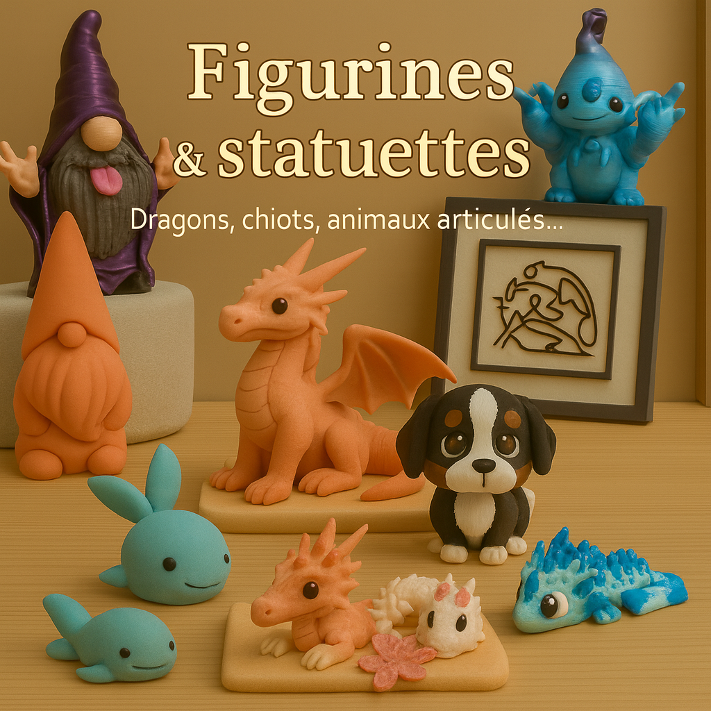 Figurines décoratives imprimées en 3D : gnomes, dragon, baleine et personnages fantasy en PLA biosourcé sur fond beige, style artisanal et pastel.