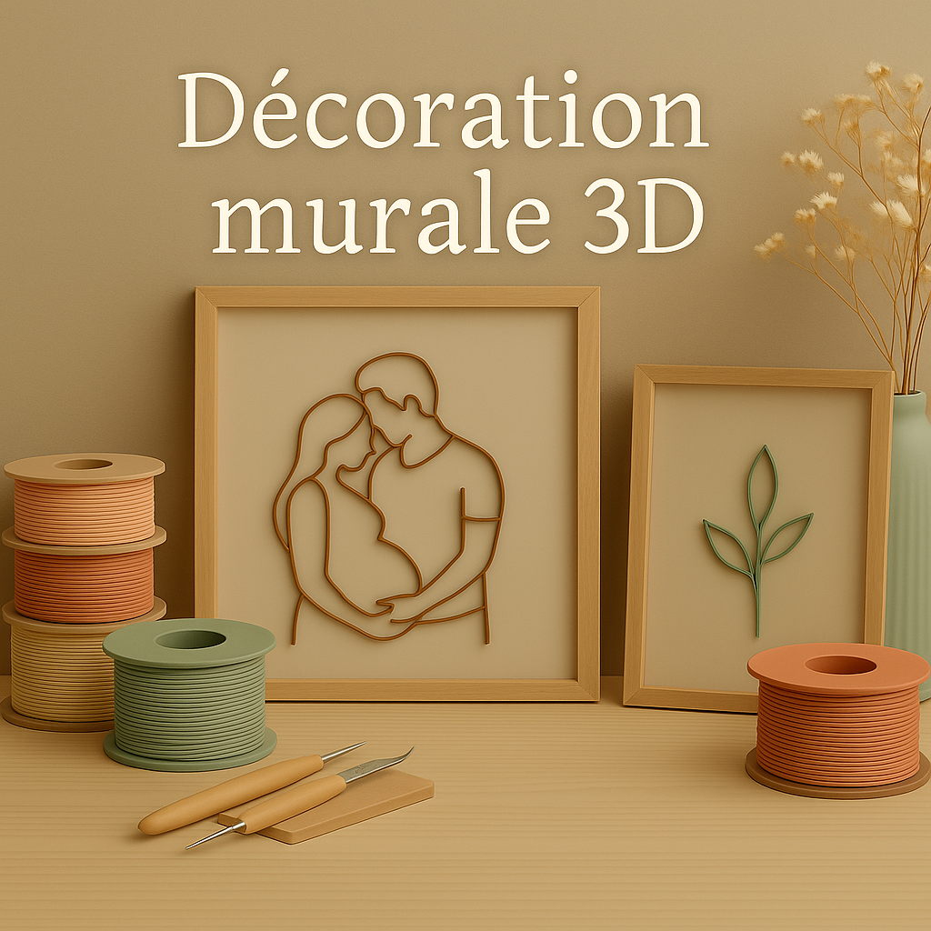 Décoration murale 3D en PLA : cadres filaires personnalisés, impressions minimalistes sur tissu, ambiance artisanale avec bobines pastel et outils.