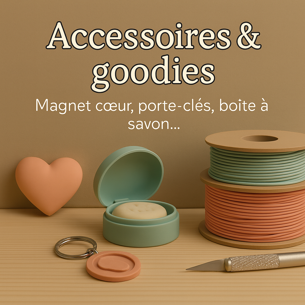 Accessoires 3D imprimés : magnet cœur, porte-clé personnalisé, boîte à savon et spinner gyroscope en PLA, posés sur fond bois et bobines pastel.