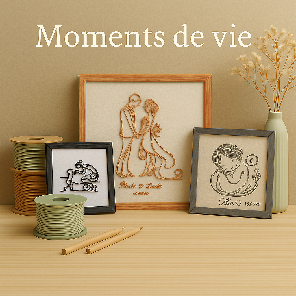 Cadre en impression 3D représentant un couple attendant un bébé dans un style filaire continu, exposé sur une table bois clair avec bobines de filament et vase décoratif.