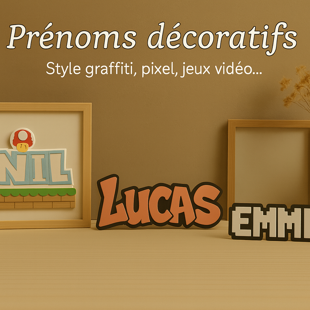 Affiche une collection de prénoms personnalisés imprimés en 3D dans différents styles ludiques comme Lego, Mario ou graffiti, sur fond pastel