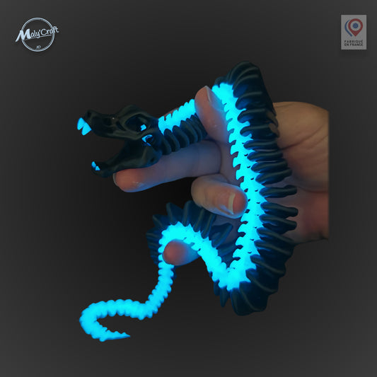 Serpent articulé phosphorescent – Figurine 3D articulée bleu & noir lumineux