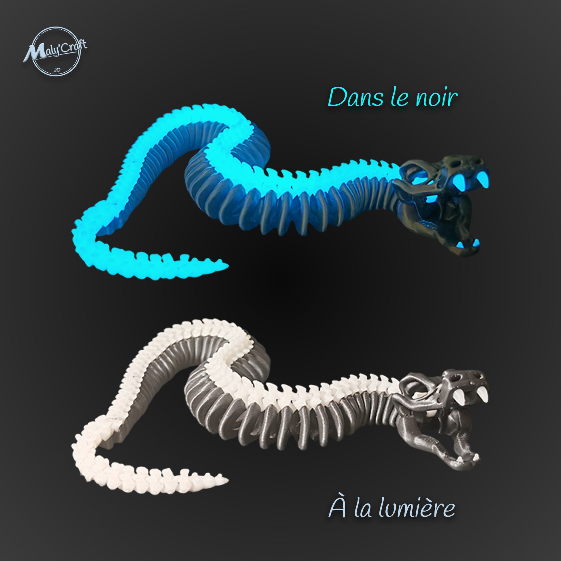 Dragon articulé phosphorescent en mouvement, effet lumineux bleu.