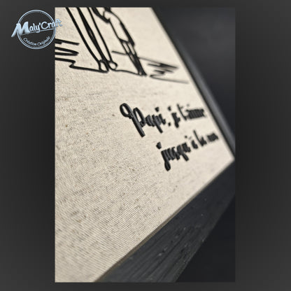 Détail qualité impression 3D texte relief noir sur fond clair cadre artisanal