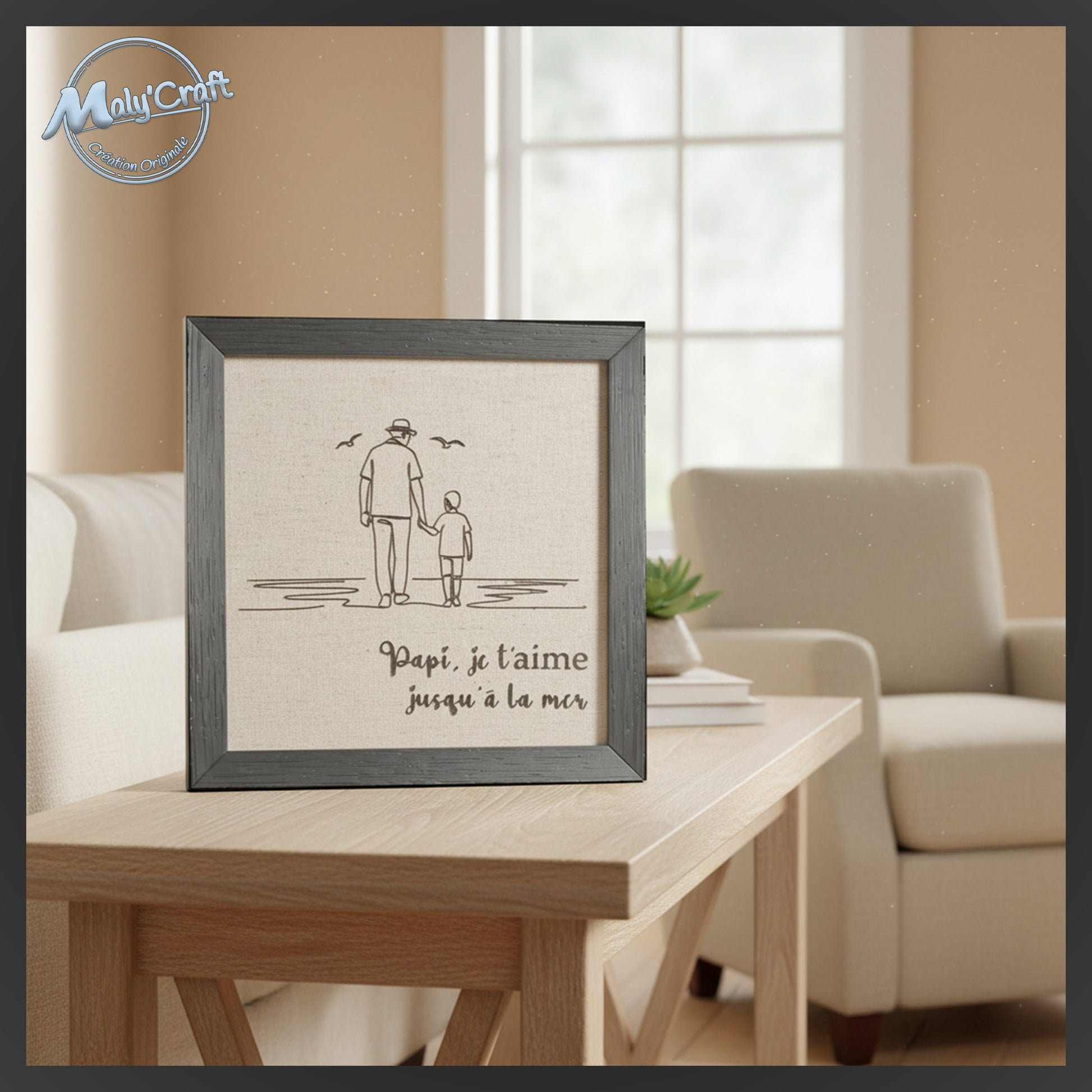 Mise en situation cadre cadeau grand-père décoration salon moderne thème famille