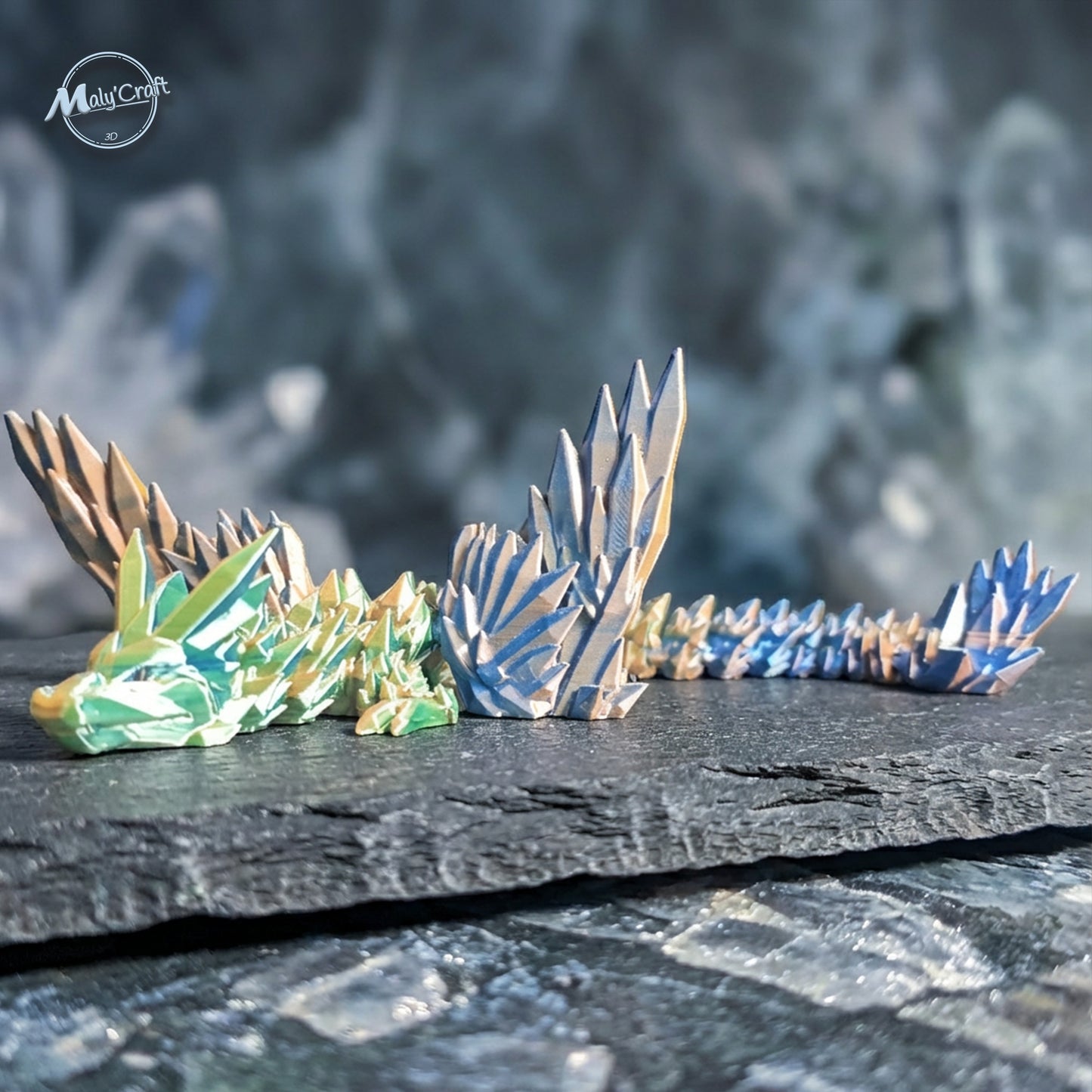 Dragon de cristal ailé articulé Cinderwing3D 25 cm, figurine fantasy 3D MalyCraft, reflets cristallins
