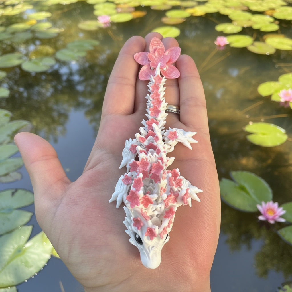 Dragon articulé Sakura blanc et rose, création Cinderwing3D, imprimé en 3D par Maly’Craft. Figurine flexible inspirée des fleurs de cerisier, présentée dans différents décors naturels et sur fond uni. Idéale pour la décoration, la collection ou un cadeau poétique aux tons printaniers.