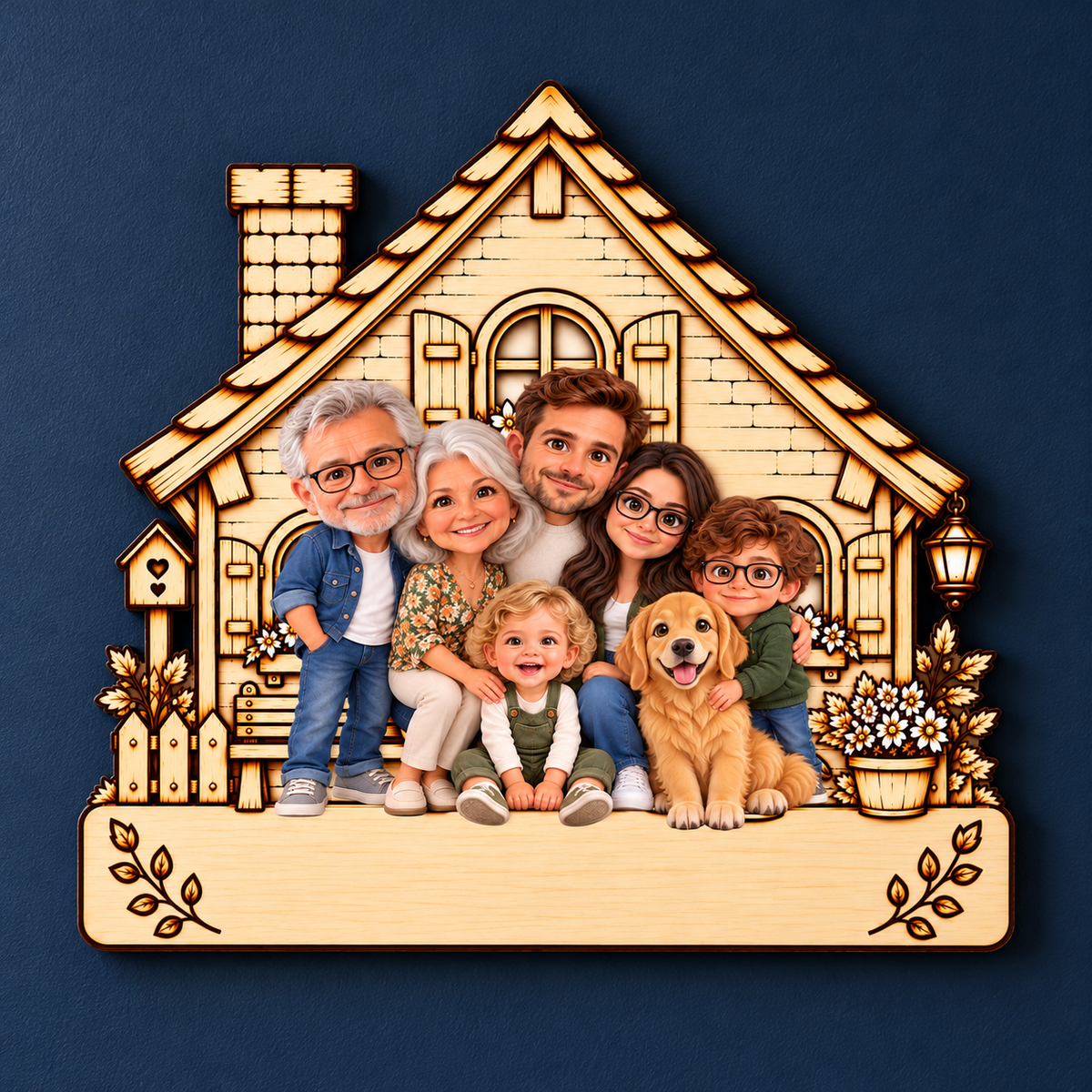 Maison de famille personnalisée à partir de photos, présentée en décoration murale sur un fond bleu nuit. Six personnes de plusieurs générations et leur chien sont réunis en petits personnages illustrés devant une maison aux tons bois clair, ornée de volets, de fleurs et d’une lanterne. La partie inférieure réservée à la personnalisation est laissée vierge sur cet exemple. Une idée de cadeau familial pour des parents ou des grands-parents.
Personalized family house made from photos, displayed as wall decor 