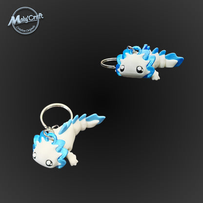 Zoom sur deux axolotls bleu et blanc, soulignant la douceur des formes et la qualité de l'assemblage manue