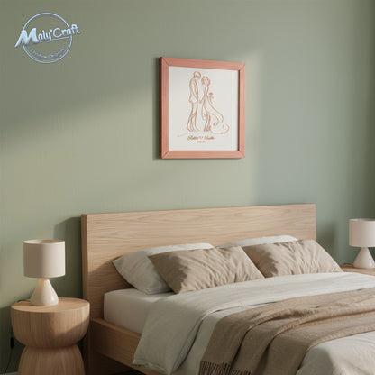 Cadre mariage terracotta sur tissu blanc accroché au mur d’une chambre. Décoration murale romantique et moderne, création originale Maly’Craft imprimée en 3D.