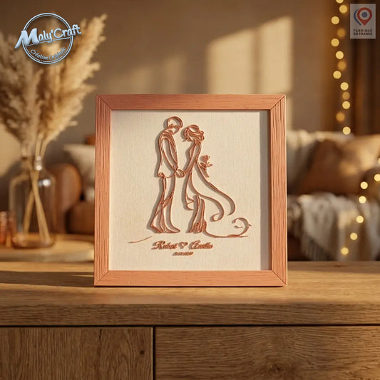 Cadre de mariage personnalisé en impression 3D filaire cuivrée sur toile de lin naturel — décoration couple avec prénoms et date gravés en relief, 23×23 cm, fabriqué artisanalement en France