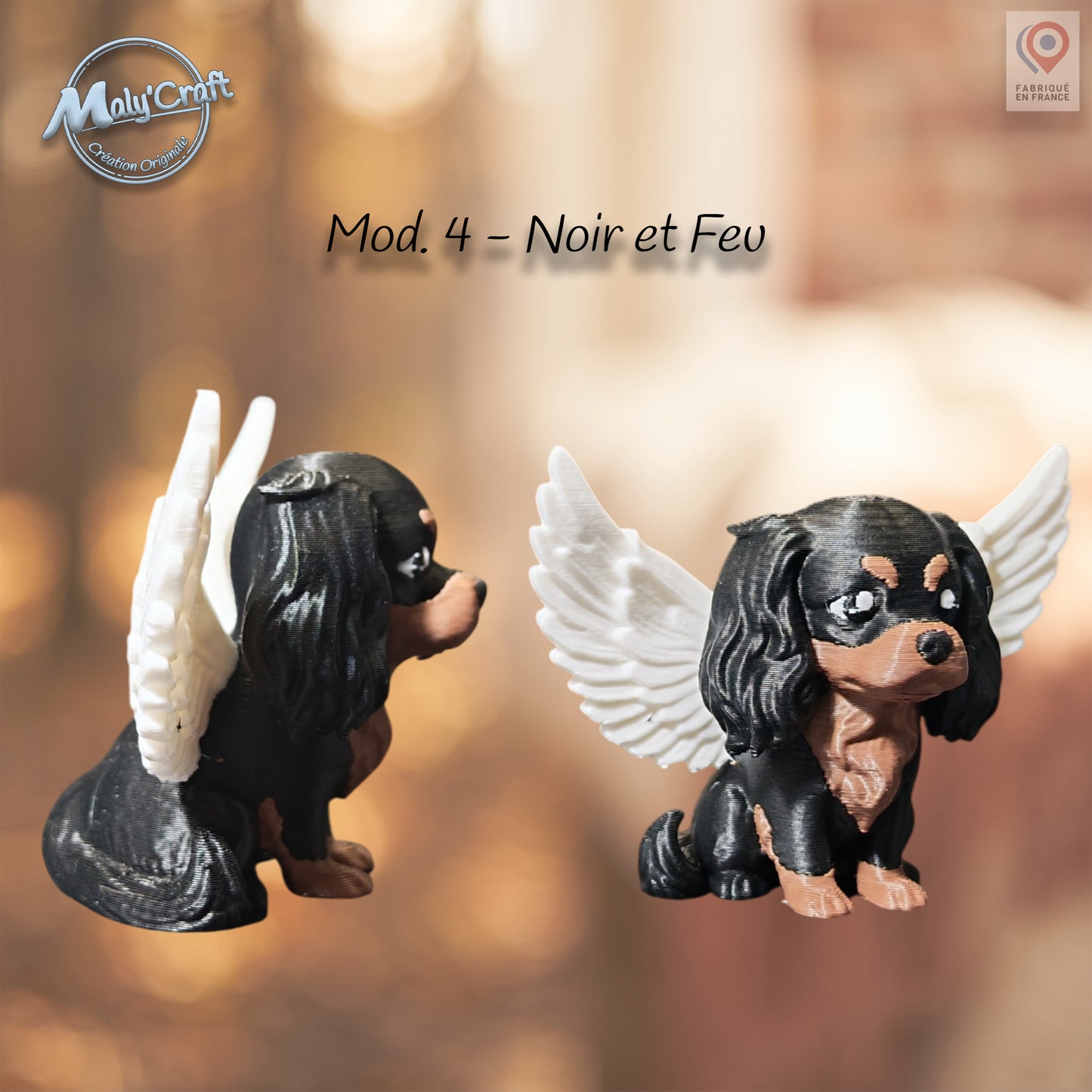Détail ailes blanches statuette Cavalier King Charles ange, bio plastique impression 3D atelier français