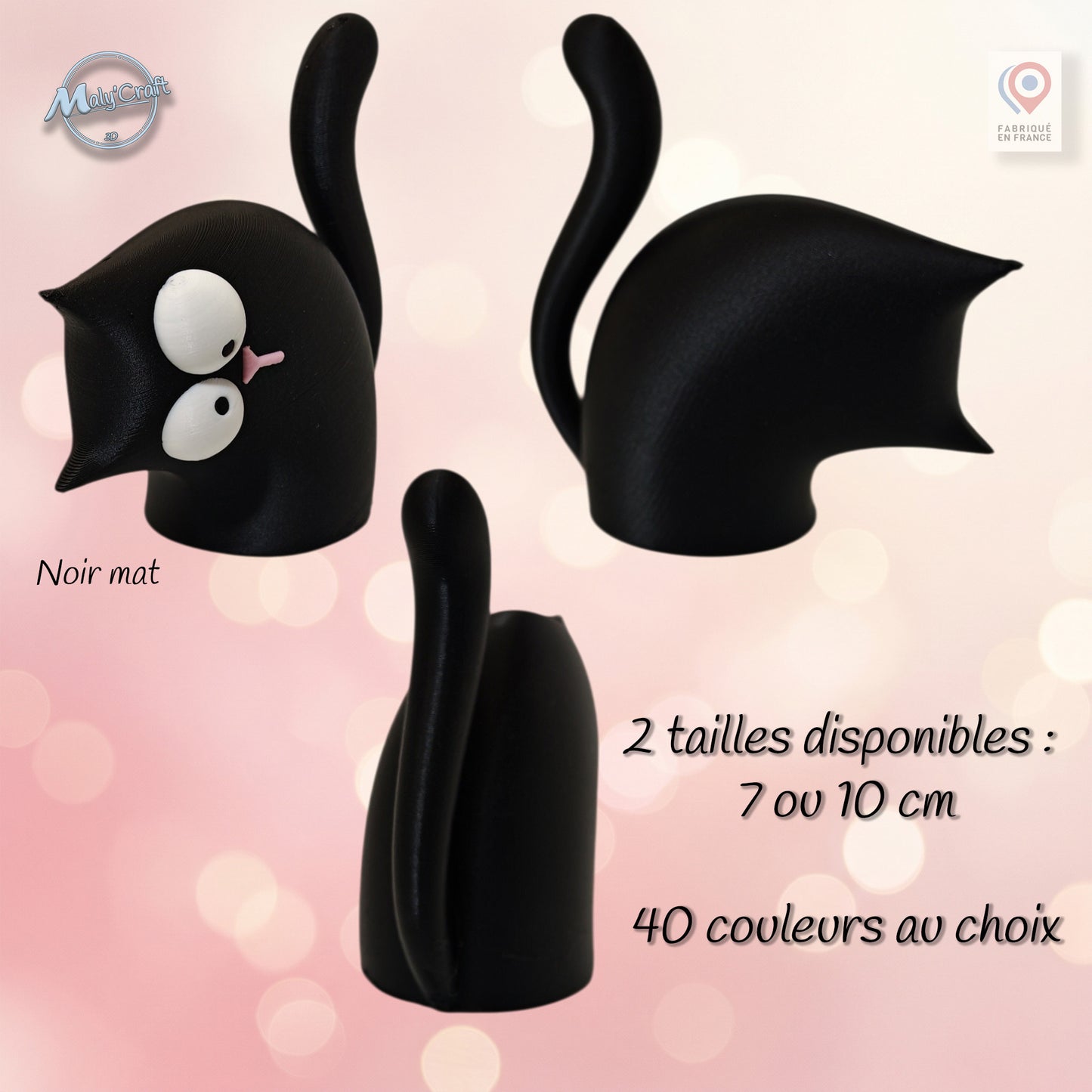 Modélisation 3D figurine chat kawaii vue de face, impression multicolore corps noir yeux blancs nez rose, MalyCraft
