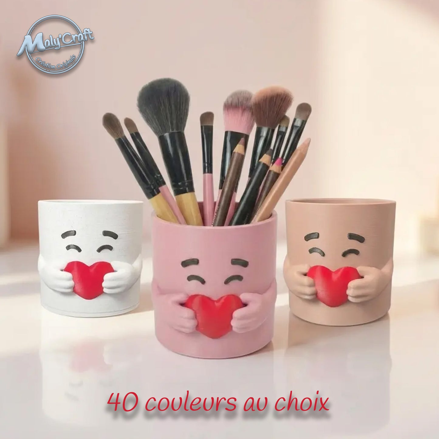 Pot Cœur 3D - Rangement Pinceaux & Stylos - Personnalisable (40 Coul.)