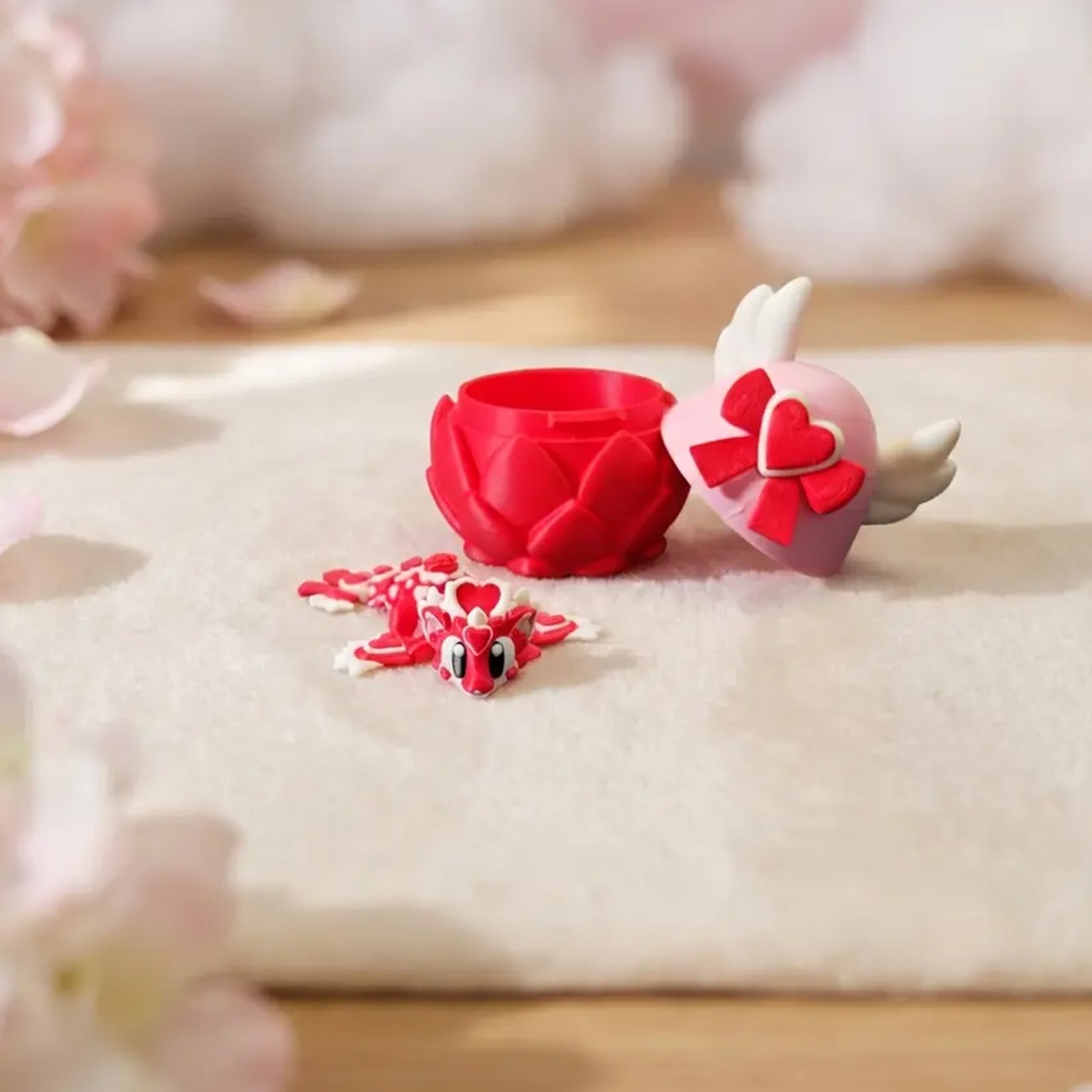 Dragon articulé rouge et blanc avec son œuf ailé à cœurs, figurine impression 3D design 3D Gob par Maly'Craft.