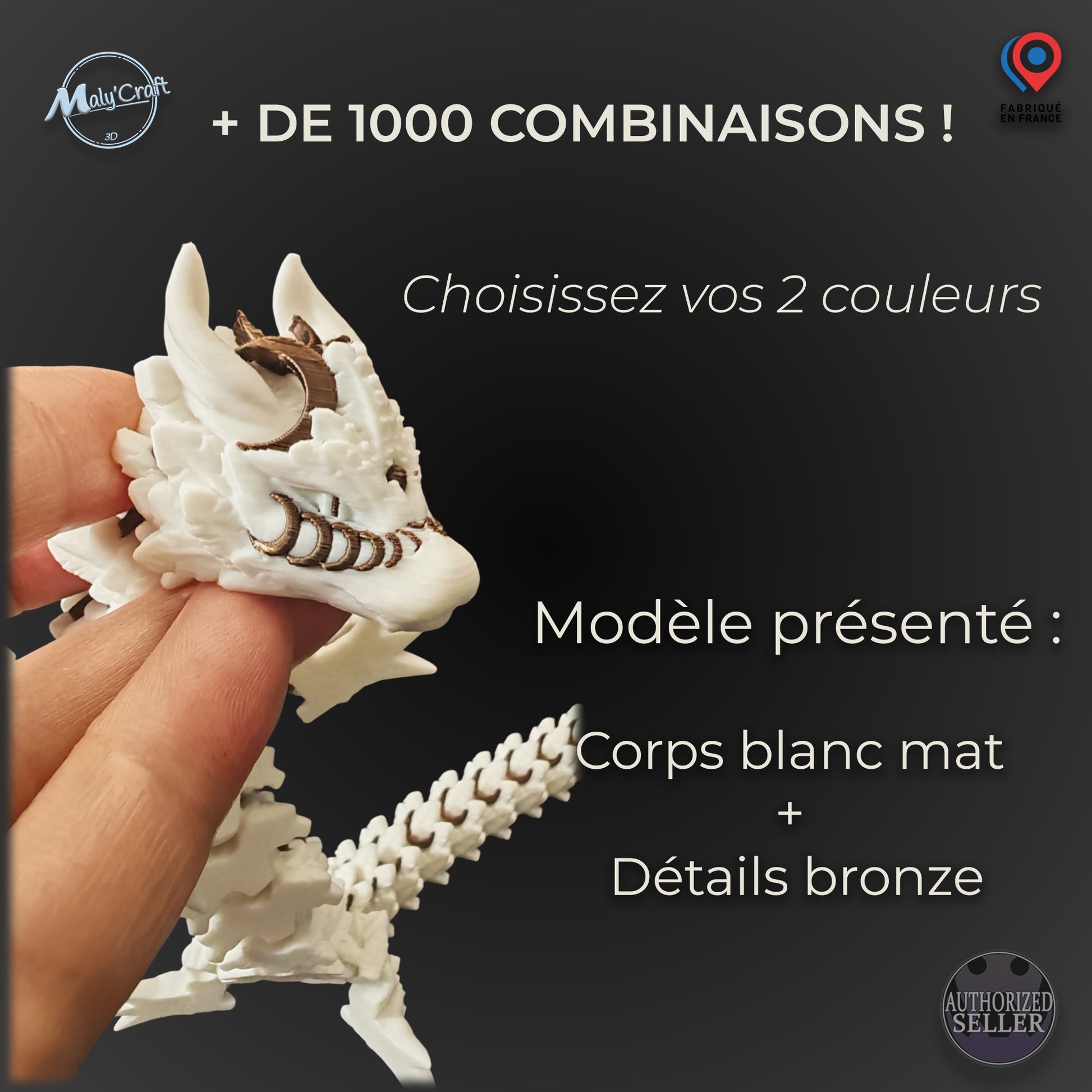 Dragon Lunar Wings Cinderwing3D personnalisable. Image promotionnelle montrant un exemple avec corps blanc mat et détails bronze. Texte affiché : Plus de 1000 combinaisons possibles, choisissez vos 2 couleurs. Figurine articulée fabriquée en France par Maly'Craft.
