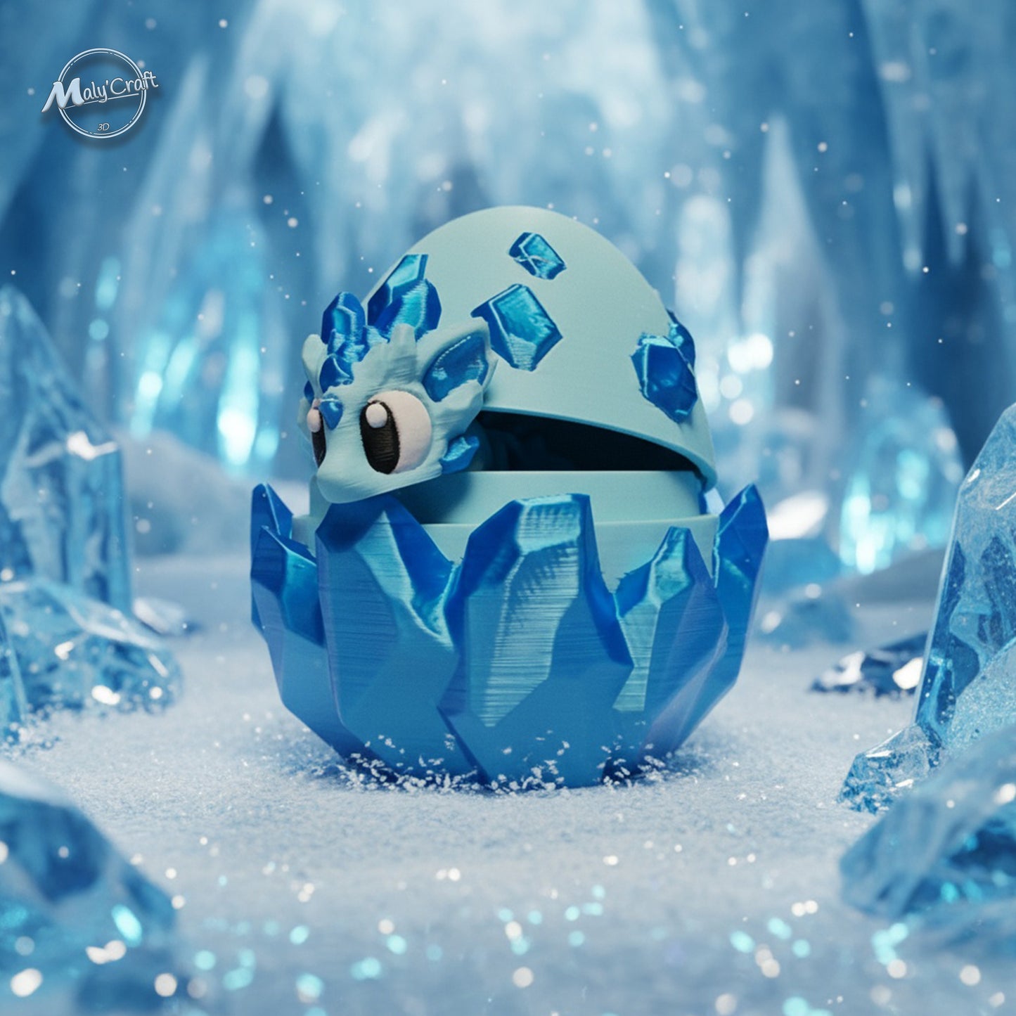 Petit dragon bleu sortant de son œuf cristallin, imprimé en 3D par Maly’Craft. Ce modèle au style féerique s’inspire des dragons de glace et des univers enchanteurs. Une décoration artisanale détaillée et pleine de charme, fabriquée en France pour collectionneurs et passionnés de fantasy.