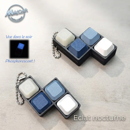 Fidget toy phosphorescent modèle Éclat nocturne, tons bleu et noir. Brille dans l'obscurité après exposition à la lumière. Impression 3D de précision en France avec filaments techniques Sunlu. Structure en acide polylactique garantissant une finition impeccable