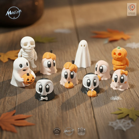 Lot de figurines d’Halloween, imprimées en 3D avec soin en France. Chaque petit personnage – fantôme, squelette ou citrouille – est conçu dans un style kawaii et détaillé pour une décoration de saison pleine de charme. Idéal pour habiller une table, un bureau ou une étagère avec une touche douce et amusante d’Halloween. Une création artisanale unique mêlant fantaisie et impression 3D de qualité
