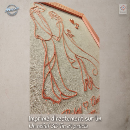 Gros plan en perspective sur le dessin d’un couple imprimé directement en 3D sur lin. L’angle met en évidence la finesse du relief, la texture naturelle du tissu et les détails de l’impression 3D personnalisée.
Angled close-up of a couple design 3D printed directly onto linen. The perspective highlights the fine raised lines, natural fabric texture and detailed personalized 3D printing.