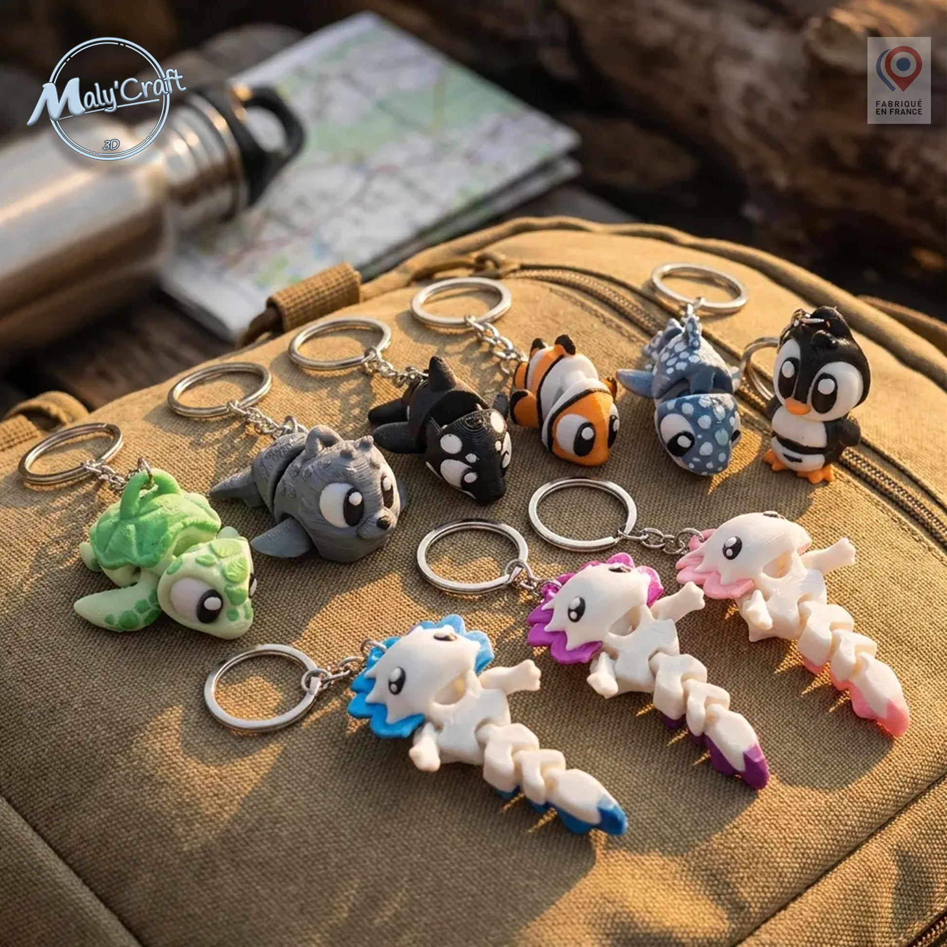 Collection de porte-clés kawaii imprimés en 3D de précision – axolotl articulé, tortue, pingouin, poisson-clown, orque, loup – fabriqués en France par MalyCraft3D, posés sur un sac à dos outdoor