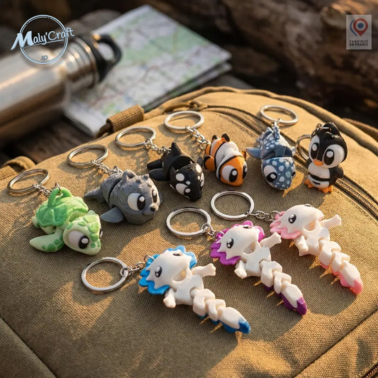 Collection de porte-clés kawaii imprimés en 3D de précision – axolotl articulé, tortue, pingouin, poisson-clown, orque, loup – fabriqués en France par MalyCraft3D, posés sur un sac à dos outdoor
