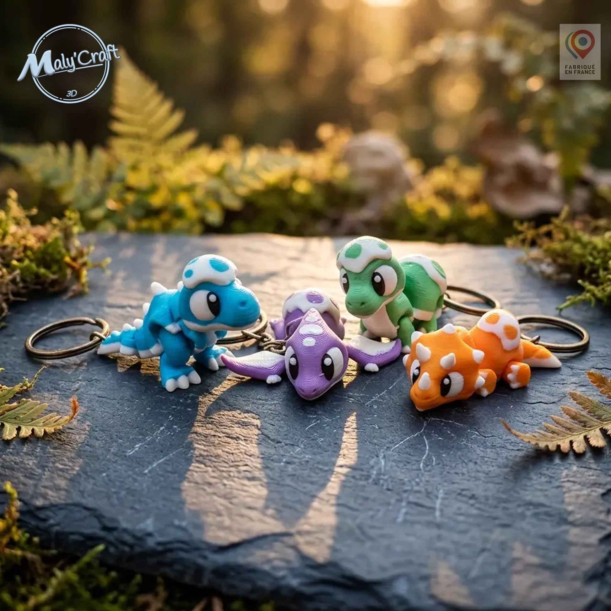Collection de porte-clés dragons kawaii imprimés en 3D de précision, coloris bleu, violet, vert et orange sur ardoise naturelle – fabriqués en France par MalyCraft3D, livraison Europe et USA