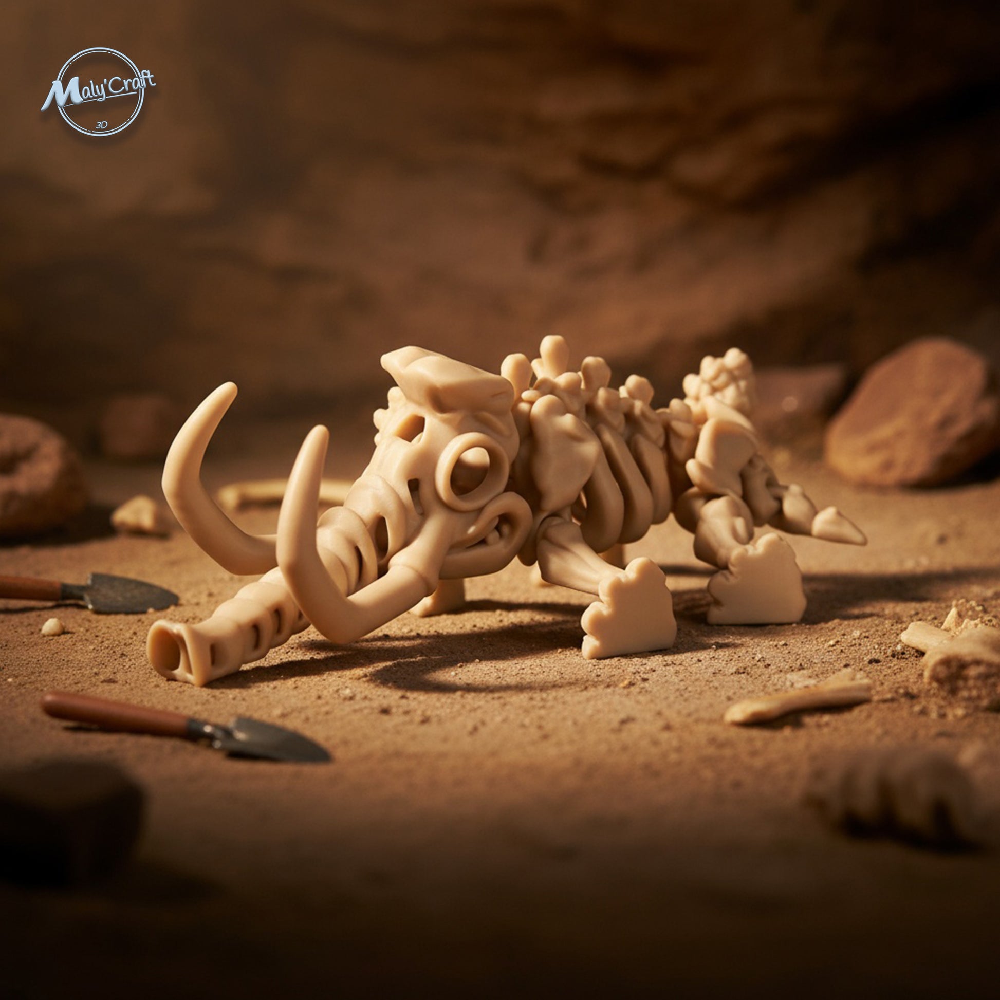 Scène archéologique avec mammouth articulé Flexi Factory imprimé en 3D, ambiance fouille. Modèle réaliste beige signé Maly’Craft.