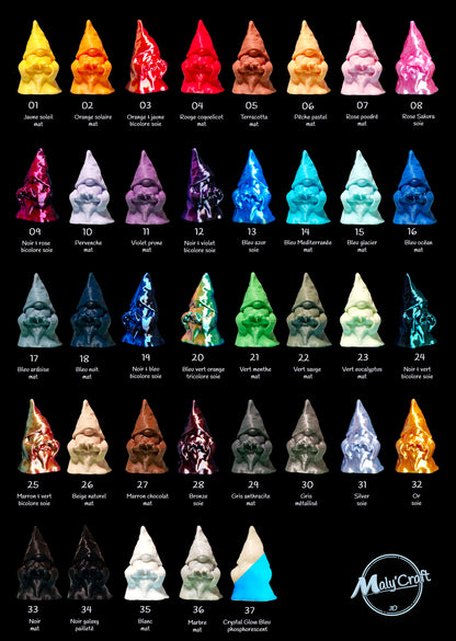 Palette des couleurs de filaments disponibles pour la personnalisation des gnomes imprimés en 3D.