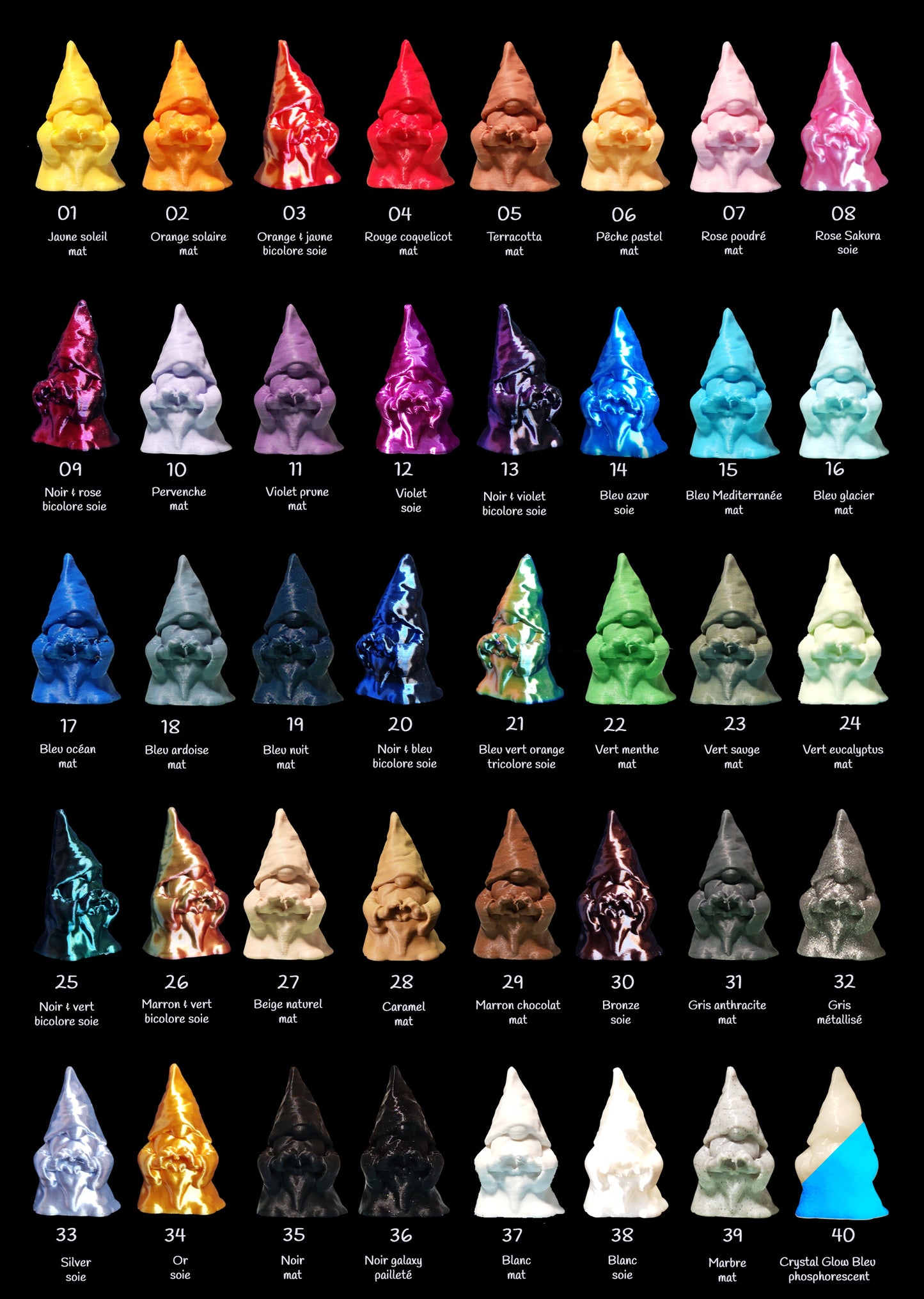 Nuancier Maly'Craft 3D : Guide de 40 couleurs pour figurines imprimées. Filaments PLA de marques premium (Bambulab, Polymaker Polyterra, Panchroma, Sunlu, Snapmaker). Large choix de finitions : Mat (Pastel, Terracotta, Kraft, vert sauge), Soie Silk brillant (Or, Argent, Cuivre, Violet), Bicolore, Tricolore (Magic), Pailleté Galaxy et Phosphorescent. Aperçu réaliste des textures et reflets sur gnomes témoins numérotés 01-40 pour sélectionner la personnalisation parfaite de votre décoration.