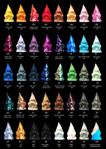 Nuancier Maly'Craft 3D : Guide de 40 couleurs pour figurines imprimées. Filaments PLA de marques premium (Bambulab, Polymaker Polyterra, Panchroma, Sunlu, Snapmaker). Large choix de finitions : Mat (Pastel, Terracotta, Kraft, vert sauge), Soie Silk brillant (Or, Argent, Cuivre, Violet), Bicolore, Tricolore (Magic), Pailleté Galaxy et Phosphorescent. Aperçu réaliste des textures et reflets sur gnomes témoins numérotés 01-40 pour sélectionner la personnalisation parfaite de votre décoration.