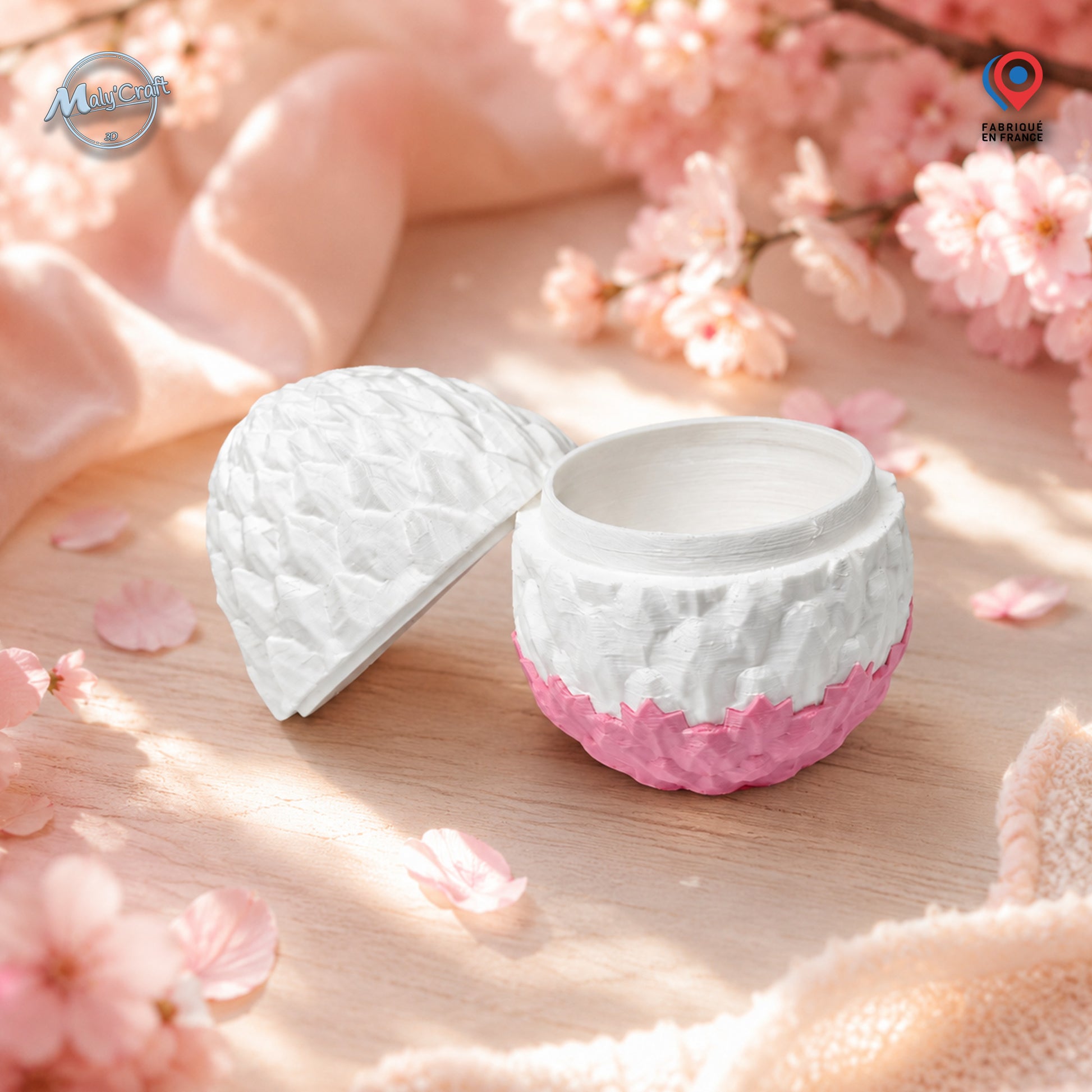 Œuf de dragon articulé blanc et rose cherry blossom, impression 3D artisanale MalyCraft3D, posé sur bois clair entouré de fleurs de cerisier et tissu rose poudré, ambiance printanière douce et lumineuse. Création Cinderwings