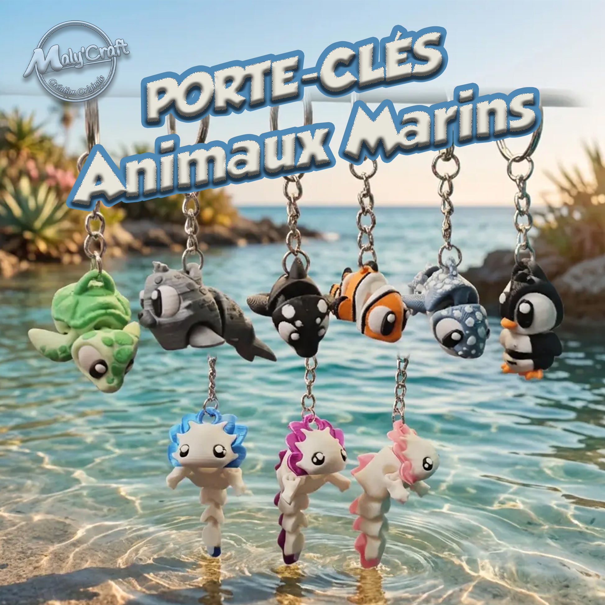 Photo de groupe présentant la collection complète de porte-clés animaux marins en impression 3D : tortue, baleine, manchot, poisson-clown et axolotls.