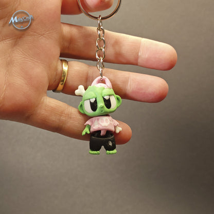Porte-clés zombie articulé vert et rose, impression 3D de précision réalisée dans notre atelier en France.