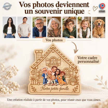 Guide de personnalisation d’une maison de famille en bois, organisé en quatre étapes illustrées : composition de deux à six personnes et de zéro à deux animaux, envoi des photos après commande, choix du texte et fabrication artisanale. Des portraits chibi, des exemples d’inscriptions et une maison familiale terminée accompagnent les explications.
Four-step illustrated guide to personalizing a wooden family house: choose two to six people and zero to two pets, submit photos after ordering, select the inscrip