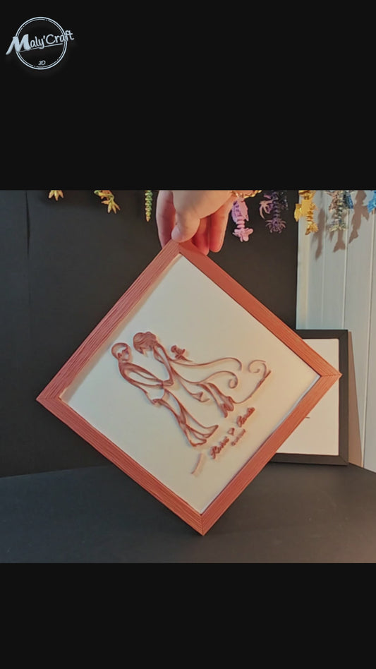 Cadre mariage personnalisé – Impression 3D relief sur lin – Prénoms & date - Modèle Rose
