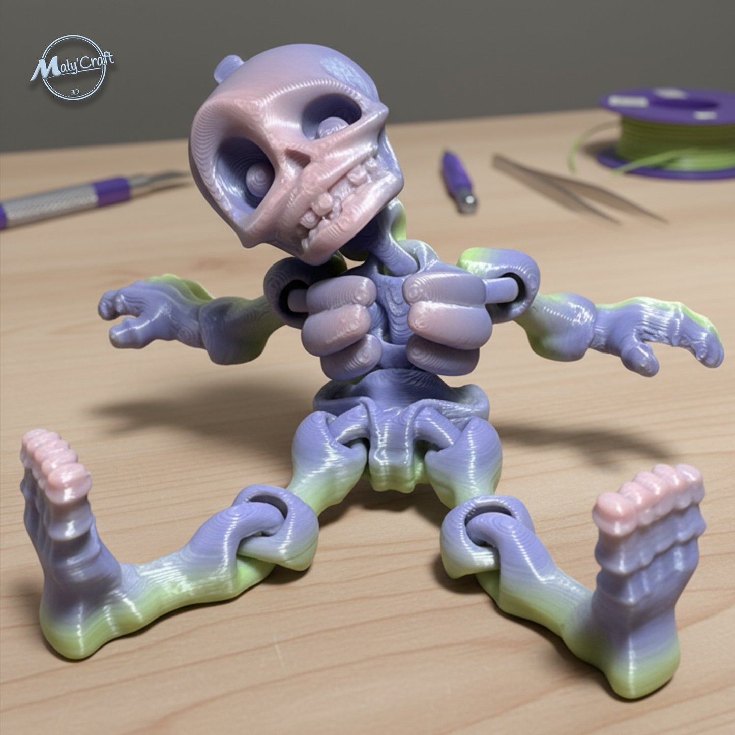 Figurine squelette articulée posée, modèle en PLA dégradé pastel