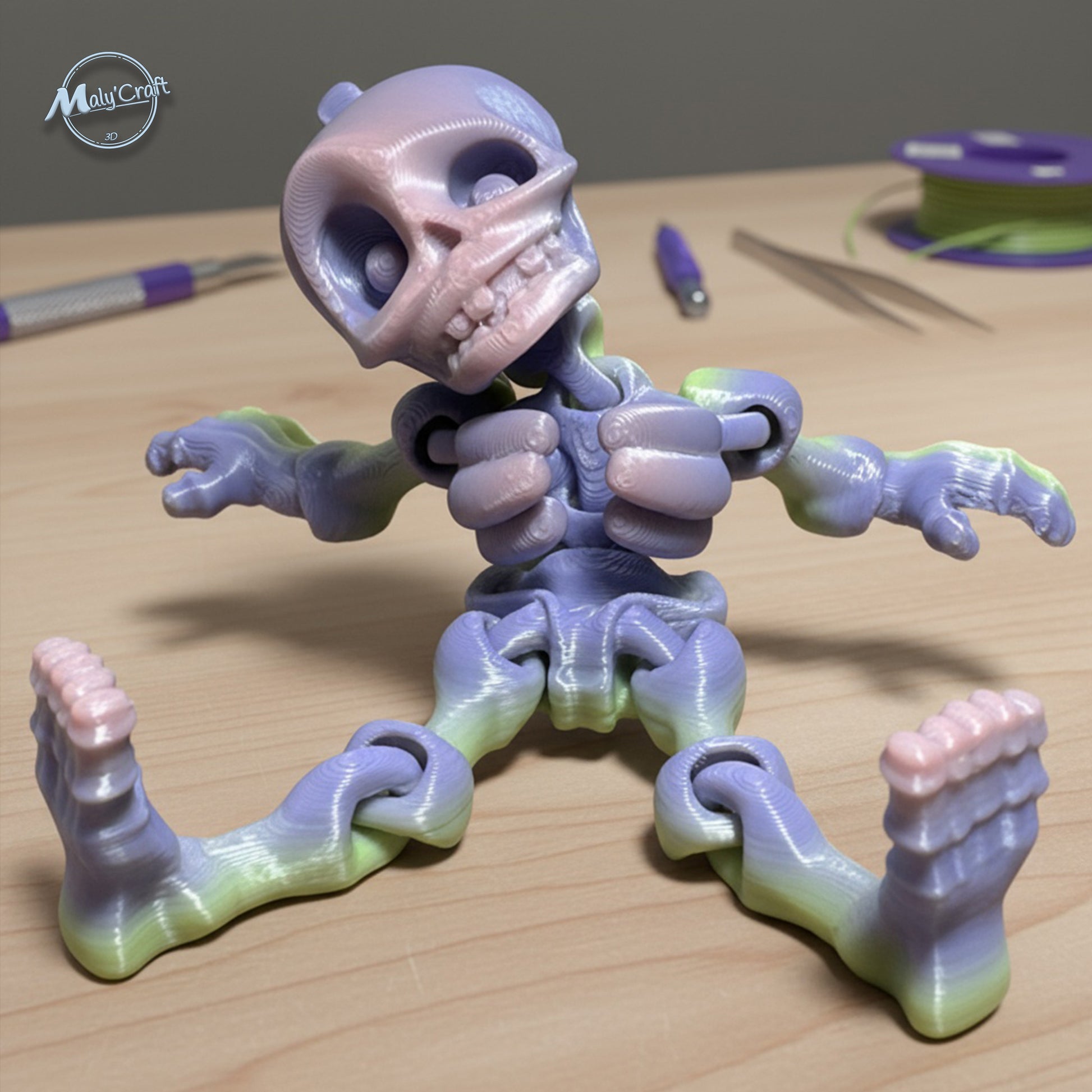 Figurine squelette articulée posée, modèle en PLA dégradé pastel