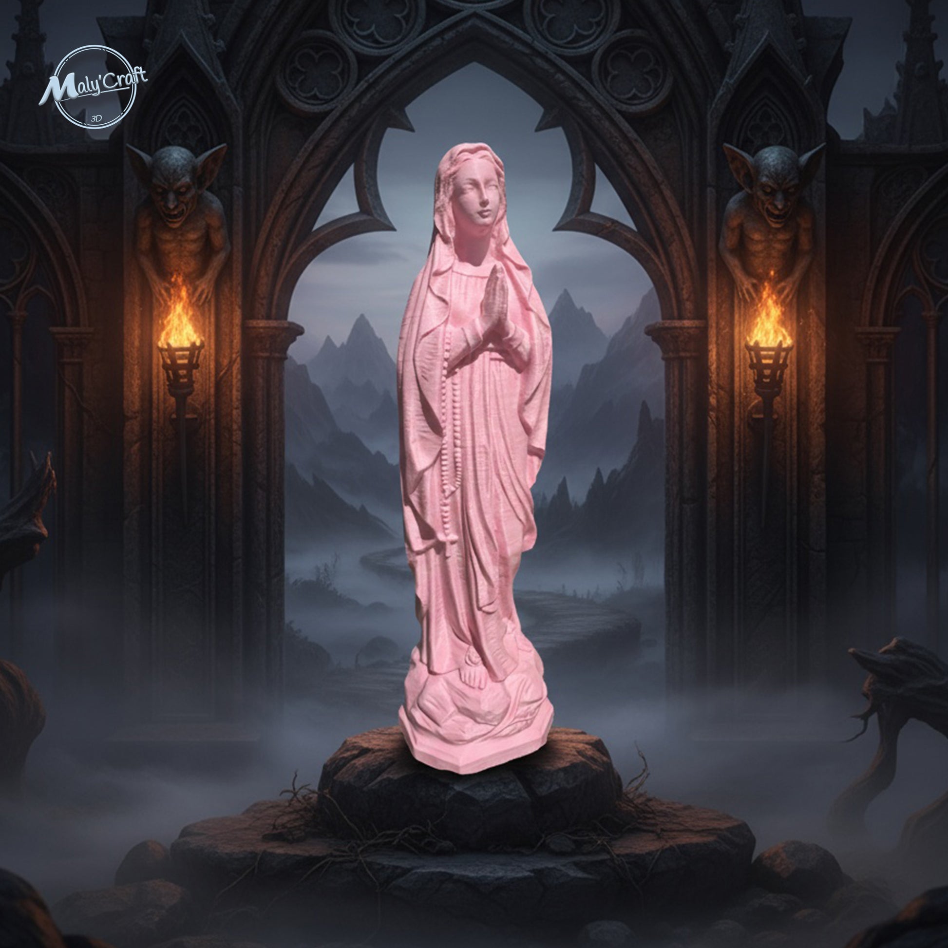 Statue rose de la Vierge Marie imprimée en 3D – style gothique et artistique, impression Maly’Craft.