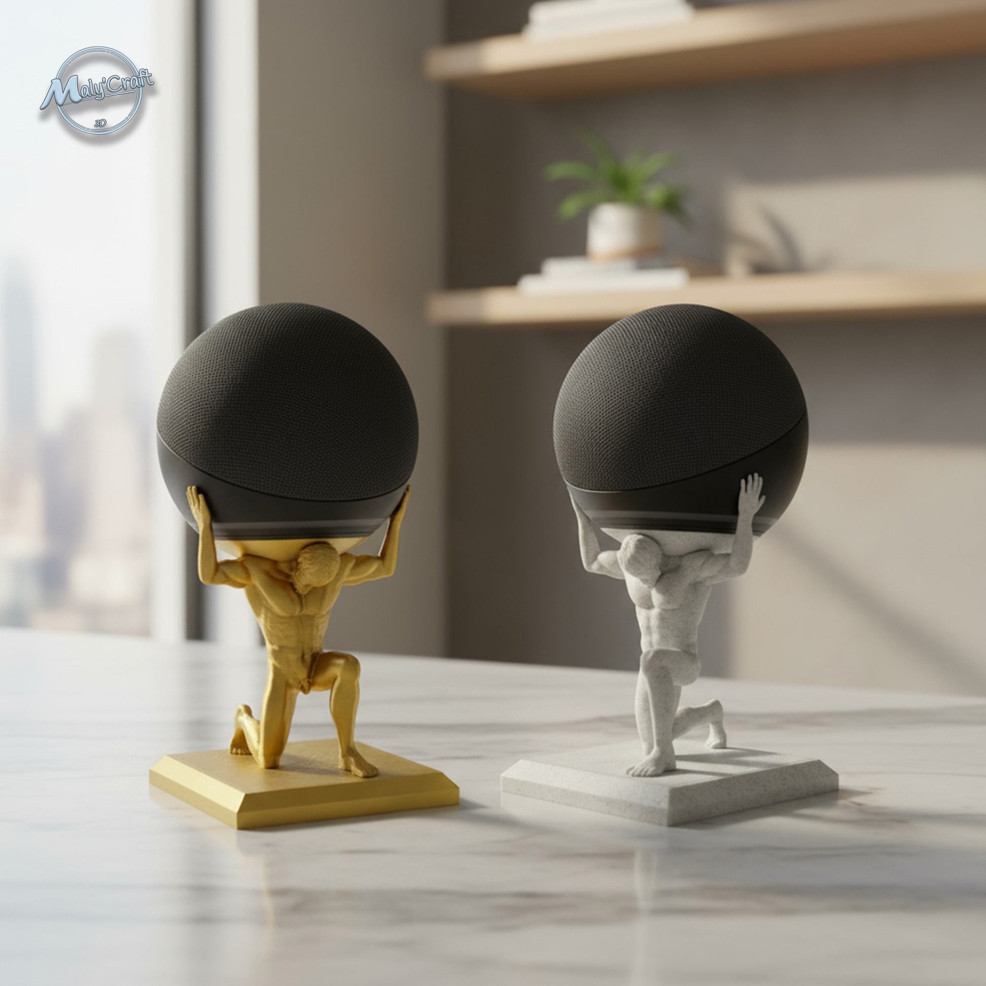 Socle Atlas pour enceinte Alexa Echo Dot – version or et marbre – support décoratif 3D